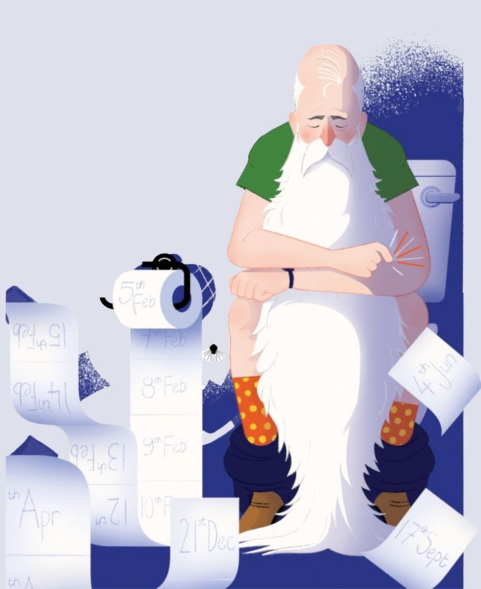 Illustration of an old man with a very long white beard sat on the toilet. Dates written on toilet paper are flowing around him