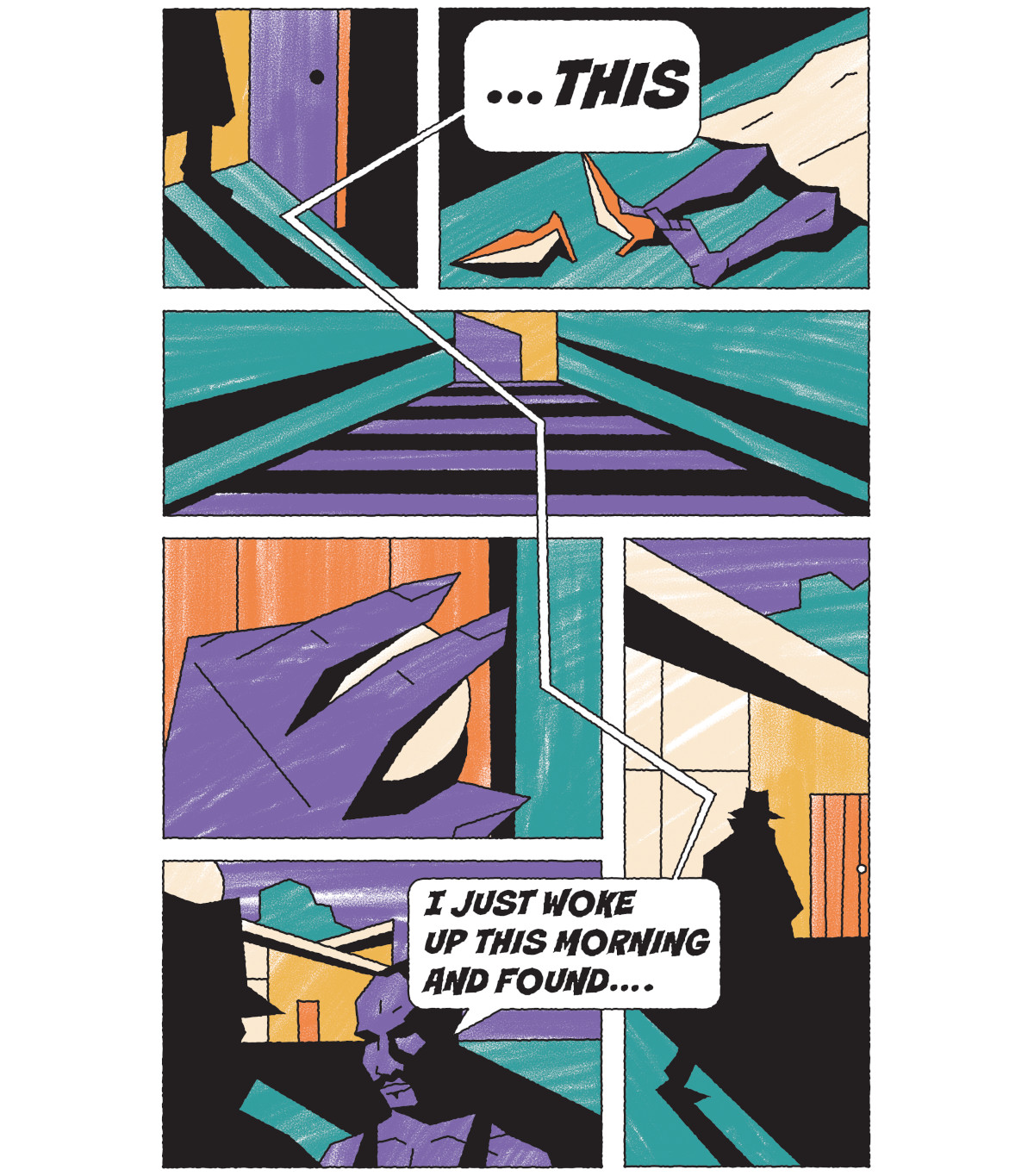 Comic book style illustration of a person describing to a detective that "I just woke up this morning and found..." "...this". The "this" they are describing is their dead wife/partner