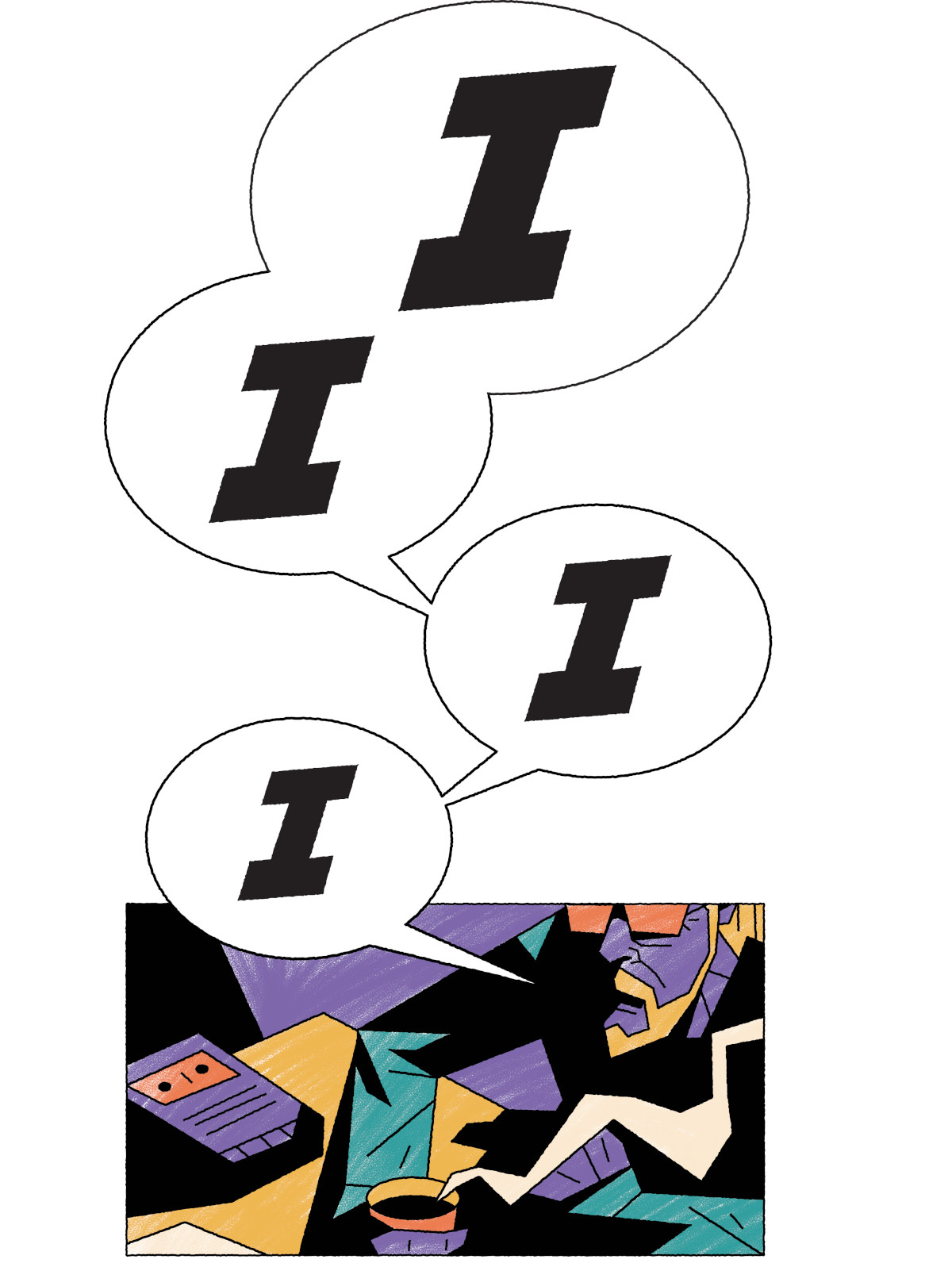 Illustration of a person repeating themselves, saying 'I' over and over again