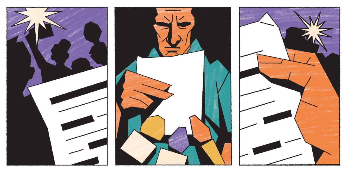 Illustration of a person reading out a report with lines redacted. There are people with microphones and camera flashes there