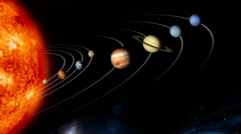 Images of planets: Mercury, Venus, Earth (and Moon), Mars, Jupiter, Saturn, Uranus and Neptune.