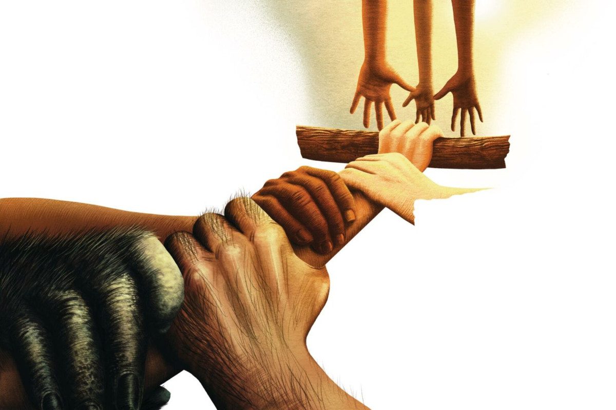 Illustration showing various hands across human evolution grabbing onto one another