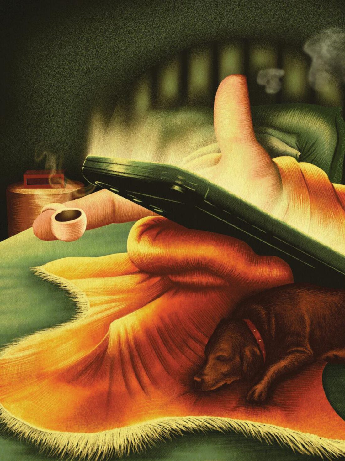 Illustration of a hand the size of an adult in bed, holding and looking at a smartphone screen. A dog lays on the bed beside the huge hand