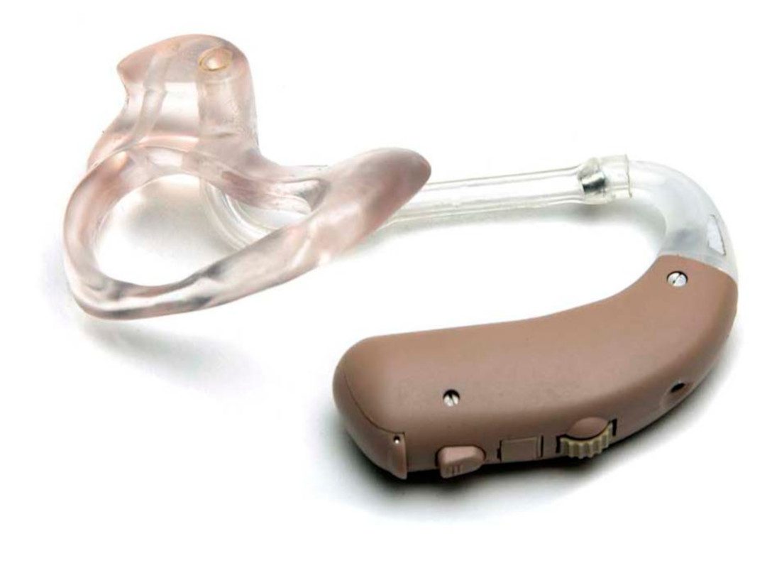 Photo of a hearing aid over a white background