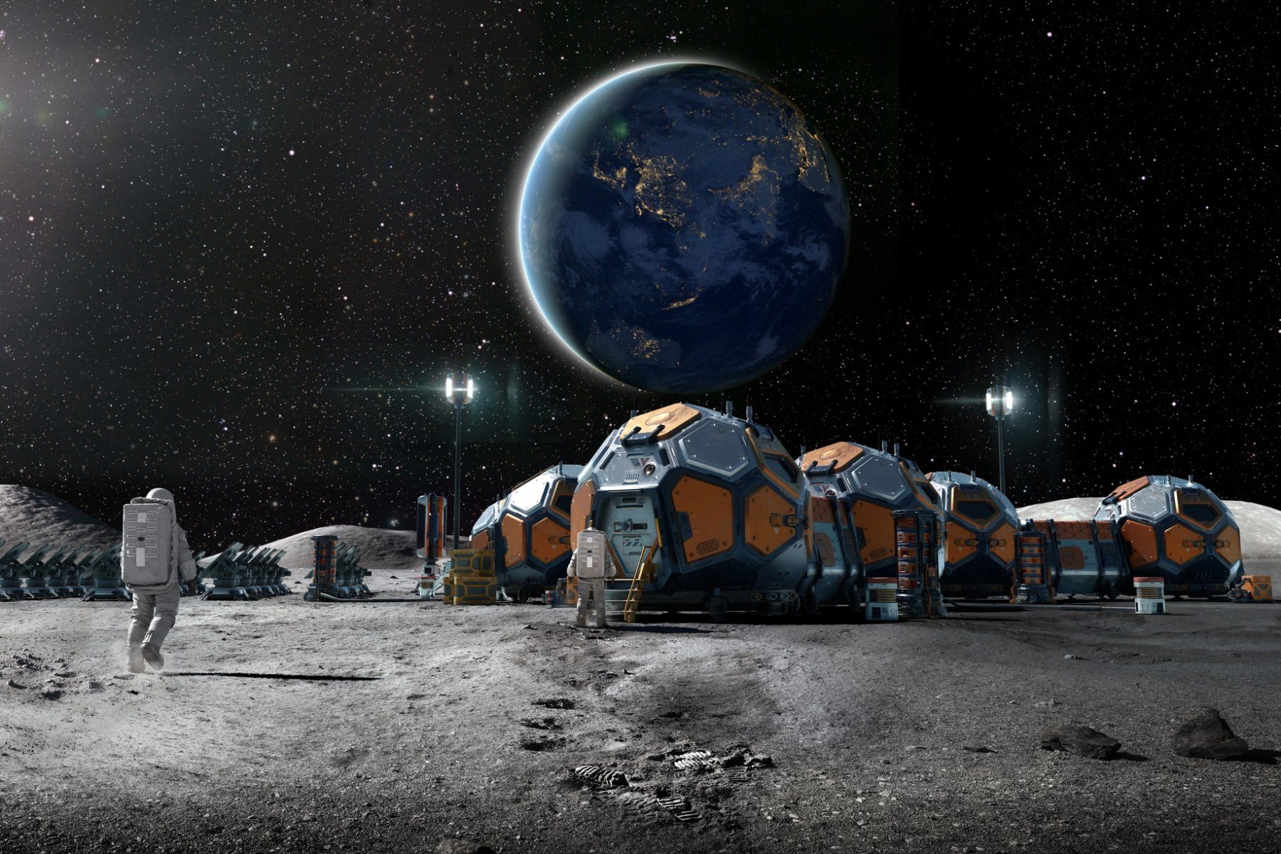 Astronaut walking on lunar surface near moonbase