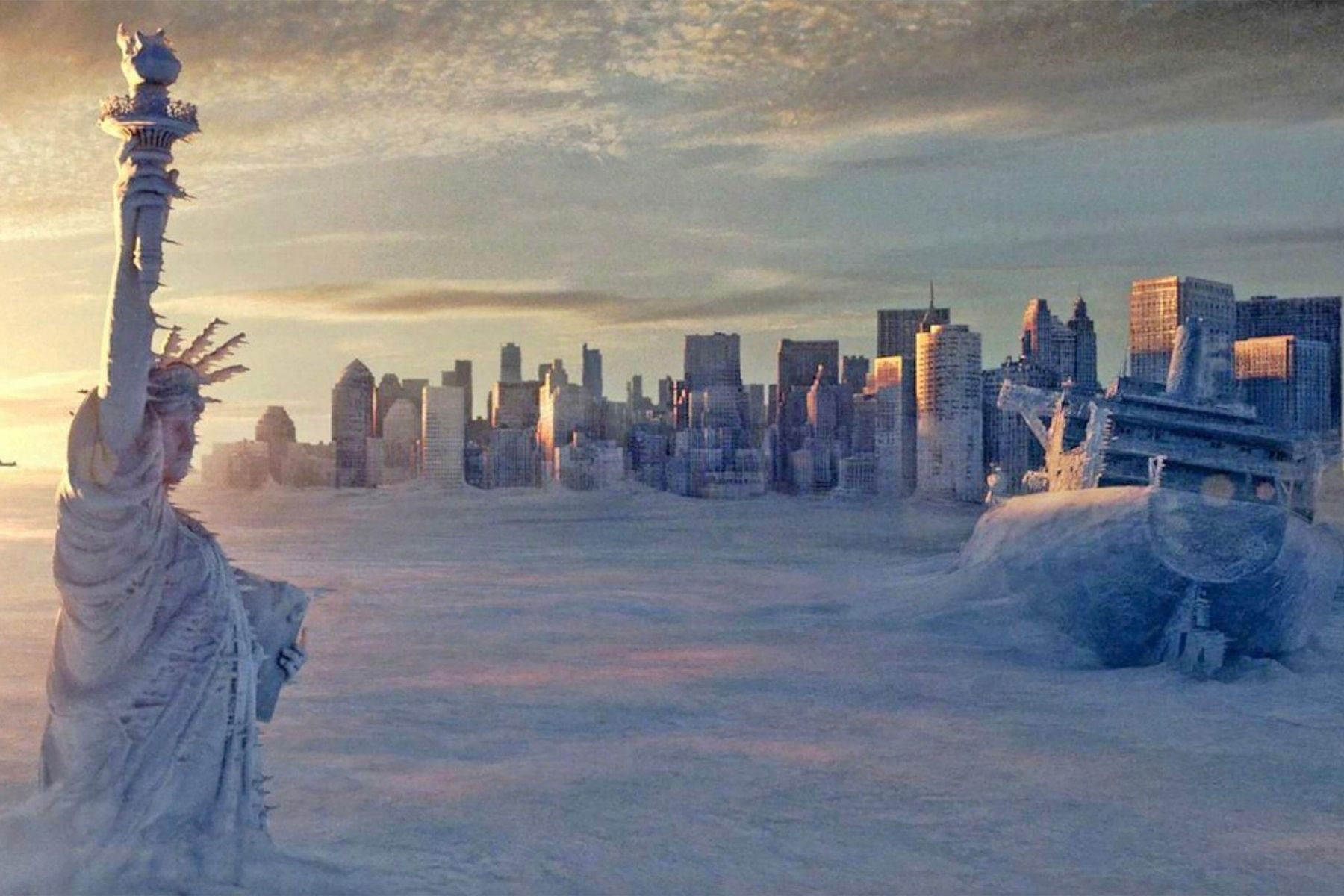 New York City covered in snow, as imagined in the film The Day After Tomorrow
