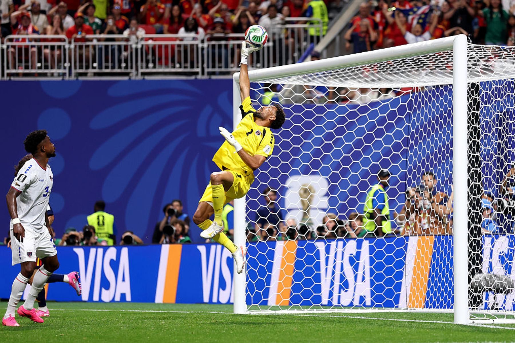 Vozinha #1 of Cabo Verde makes a save during the FIFA World Cup 2026 Group H match between Spain and Cabo Verde at Atlanta Stadium on June 15, 2026 in Atlanta, Georgia