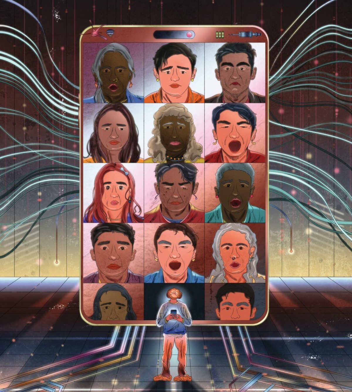Illustration of a person looking at their phone (their head is a brain). The phone screen is huge and behind the person too, on it we see the faces of 15 different people