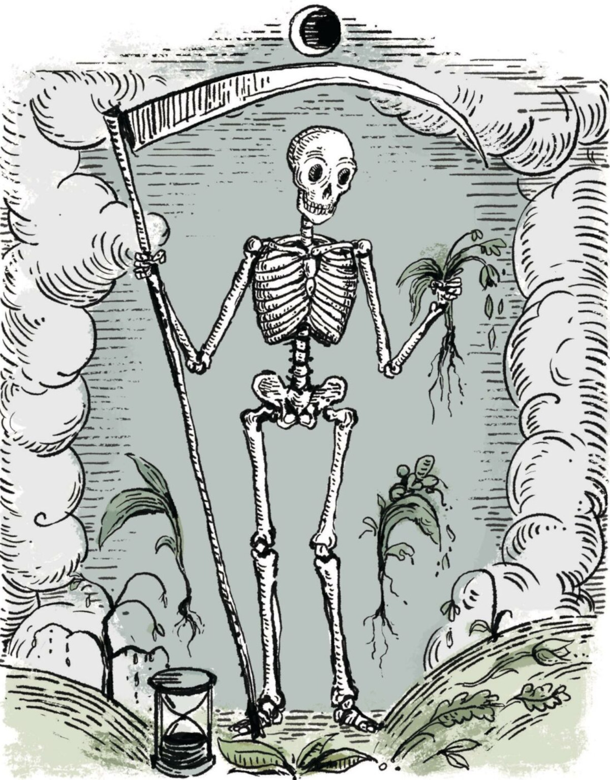 Illustration of a skeleton farmer holding a scythe in one hand and a dead plant in another. Black Death and plants