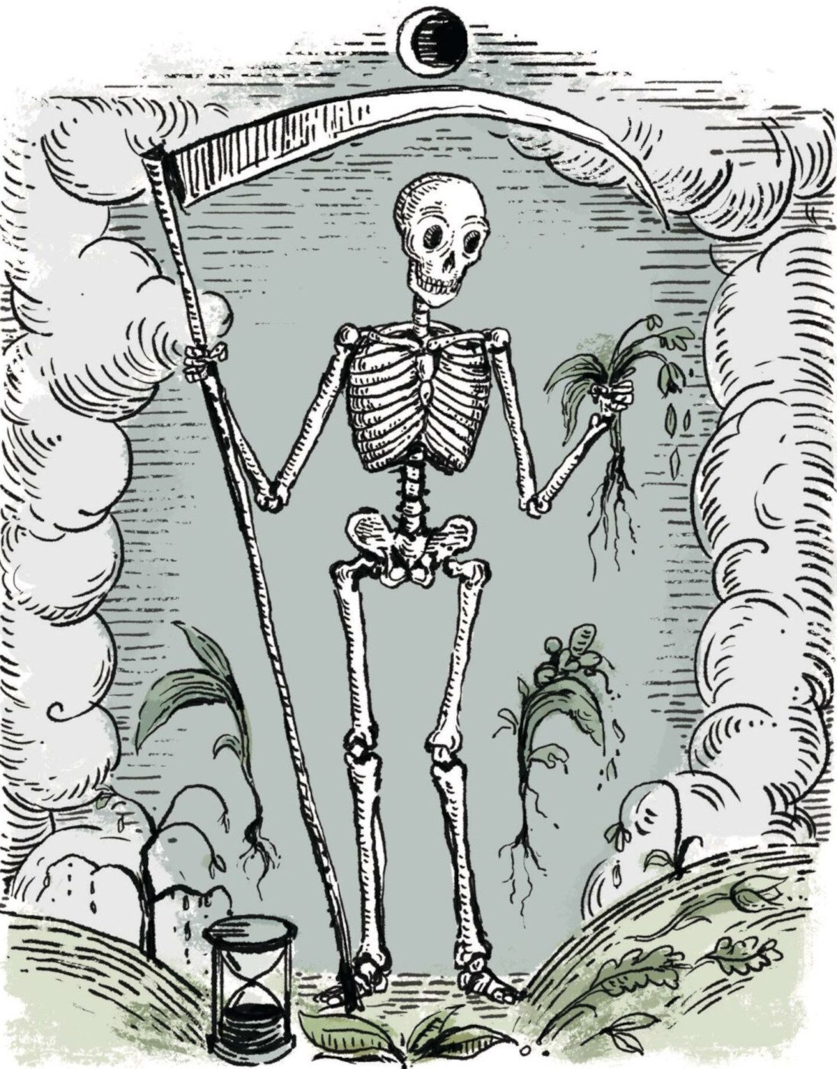 Illustration of a skeleton farmer holding a scythe in one hand and a dead plant in another. Black Death and plants