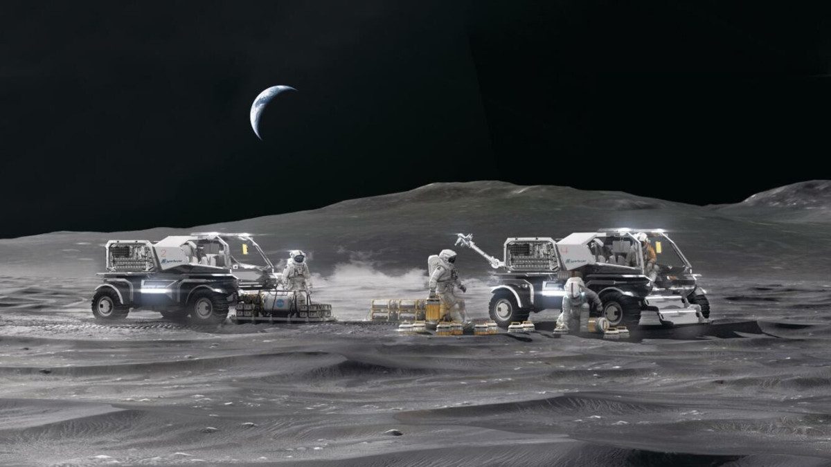 Illustration of two rovers and astronauts on the Moon performing tasks on the lunar surface