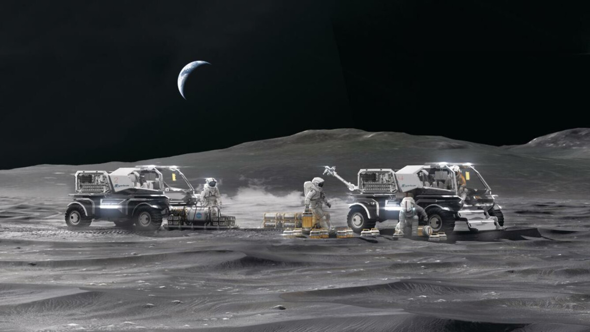 Illustration of two rovers and astronauts on the Moon performing tasks on the lunar surface