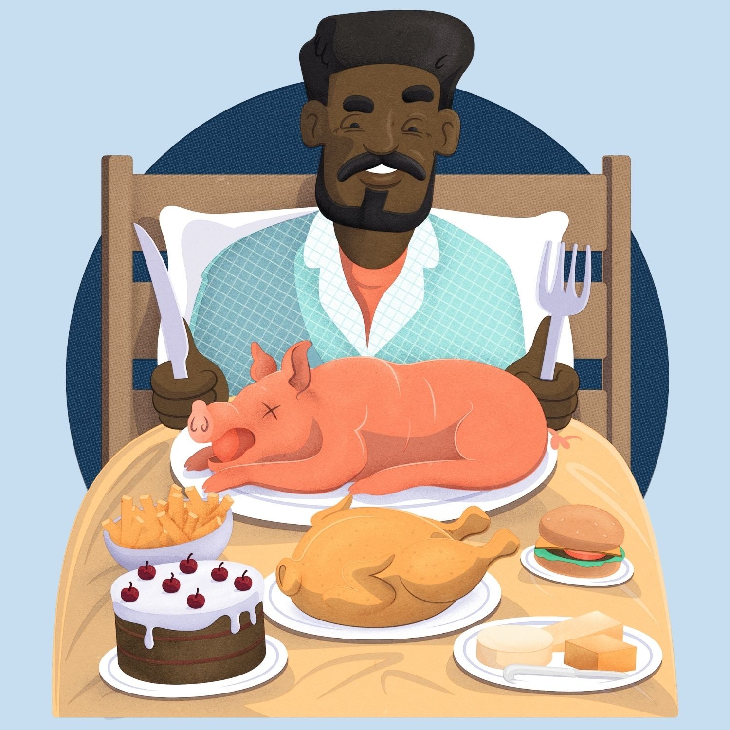 Illustration of a person lying in bed, they have a humongous meal on top of their duvet that they're about to dig into