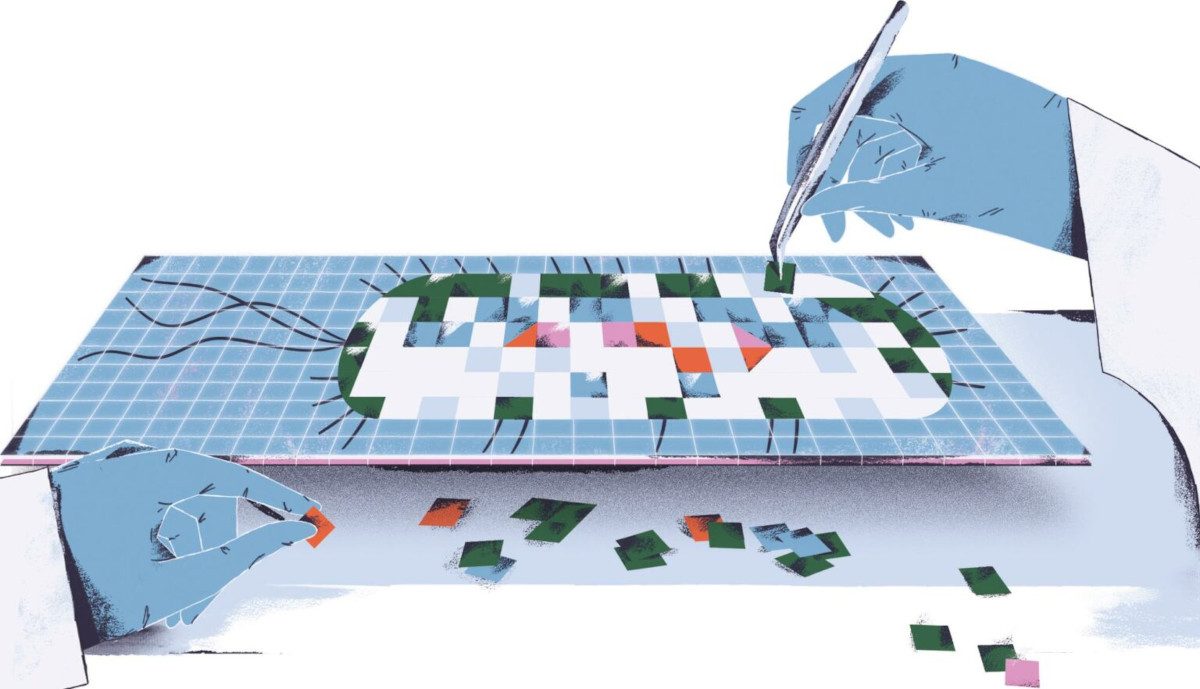 Illustration of a scientist placing down tiles to make up a picture of a bacteria 