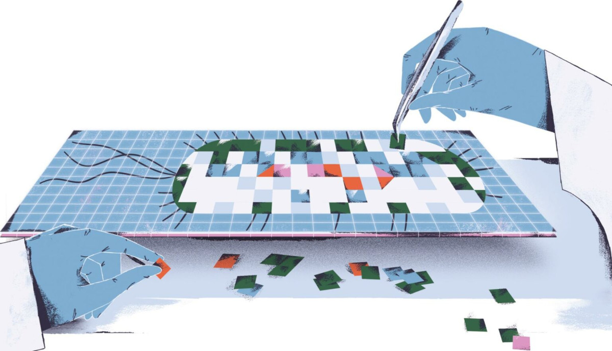 Illustration of a scientist placing down tiles to make up a picture of a bacteria