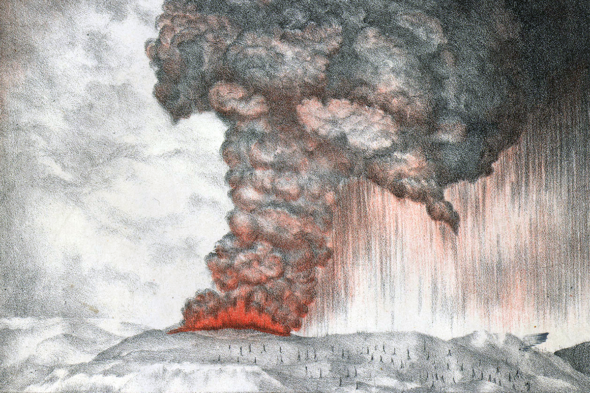 Drawing of volcano erupting.