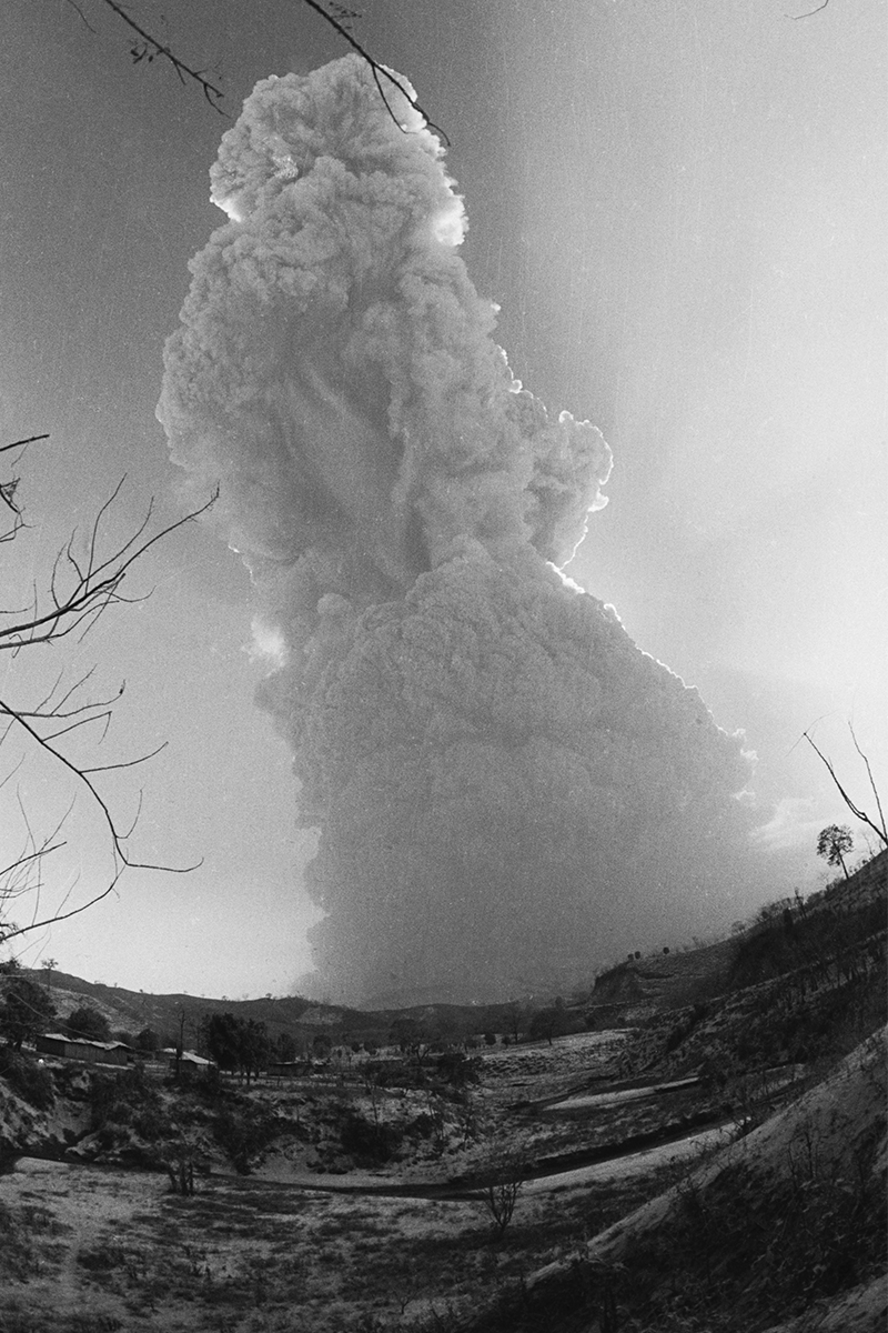 Black and white image of big volcanic eruption.