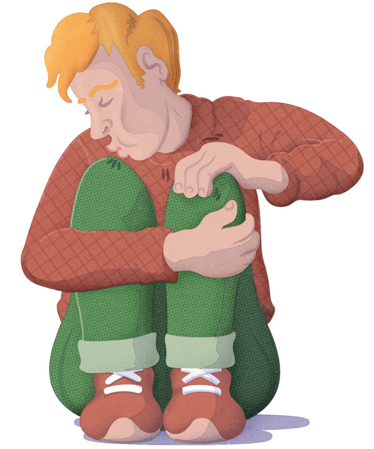 Illustration of a person sat on the floor with their knees folded into their chest carrying a pained expression.