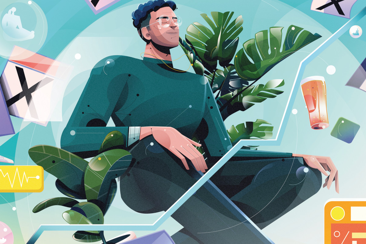 Illustration of a person sat cross-legged in a calm state.