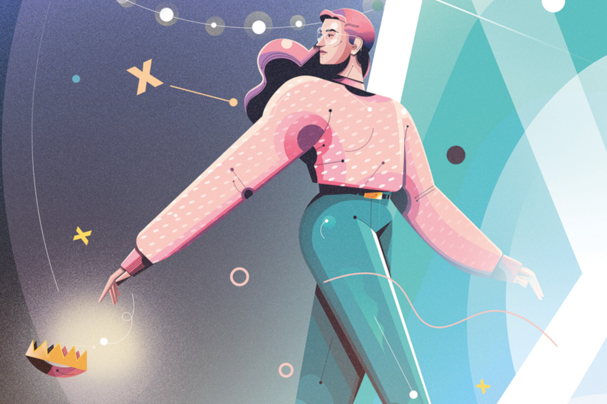 Illustration of a person throwing off their Christmas hat walking into a new year.