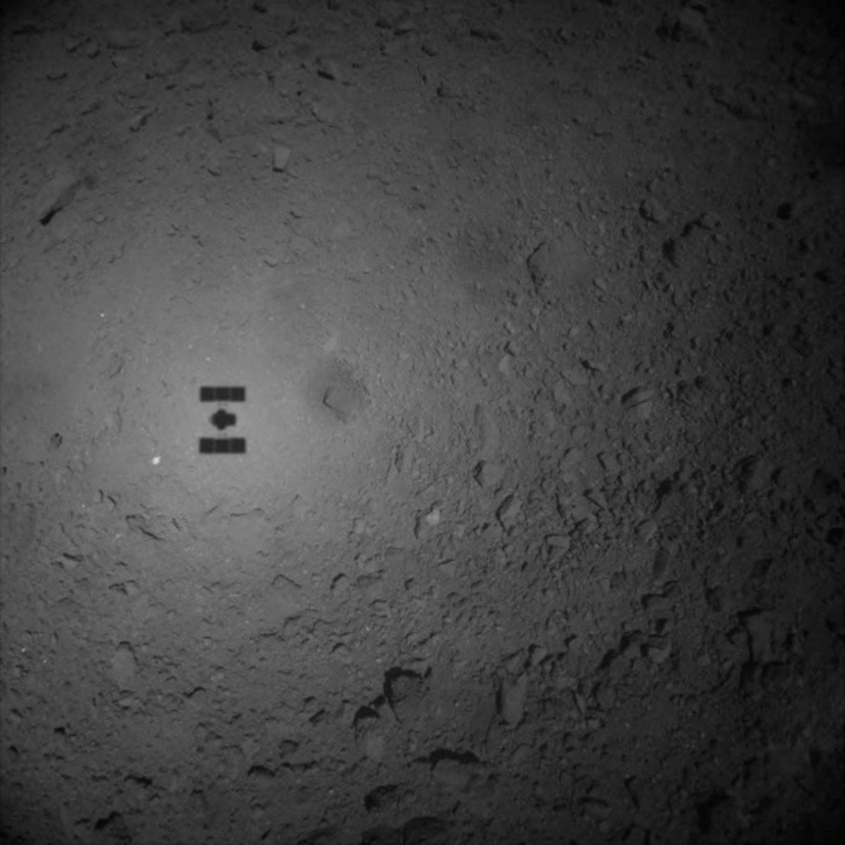 Image of asteroid Ryugu taken by the wide-angle camera onboard the Hayabusa2 spacecraft. The shadow of the spacecraft was captured as it was flying over Ryugu.