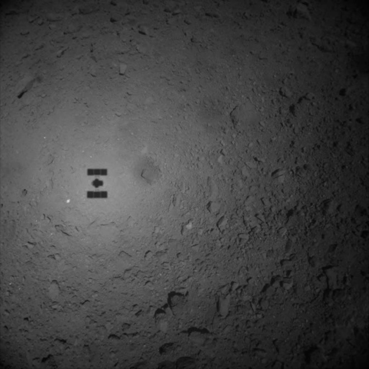 Image of asteroid Ryugu taken by the wide-angle camera onboard the Hayabusa2 spacecraft. The shadow of the spacecraft was captured as it was flying over Ryugu.