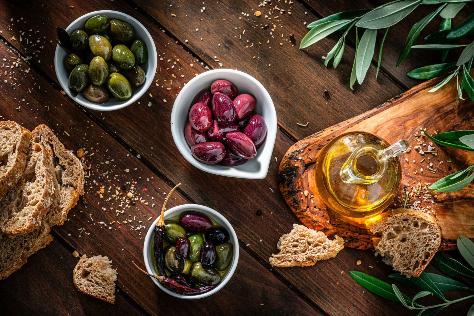 Olives and olive oil viewed from above