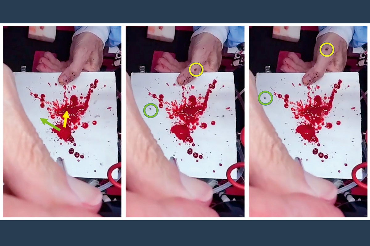 Three images of fake blood spatter in an experiment. The green and yellow markings show how it bounces off in unexpected trajectories in microgravity