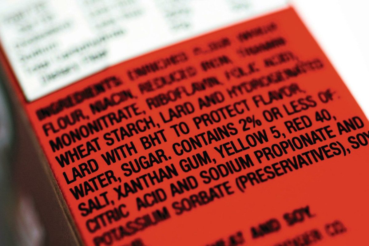 The list of ingredients on the package of processed food
