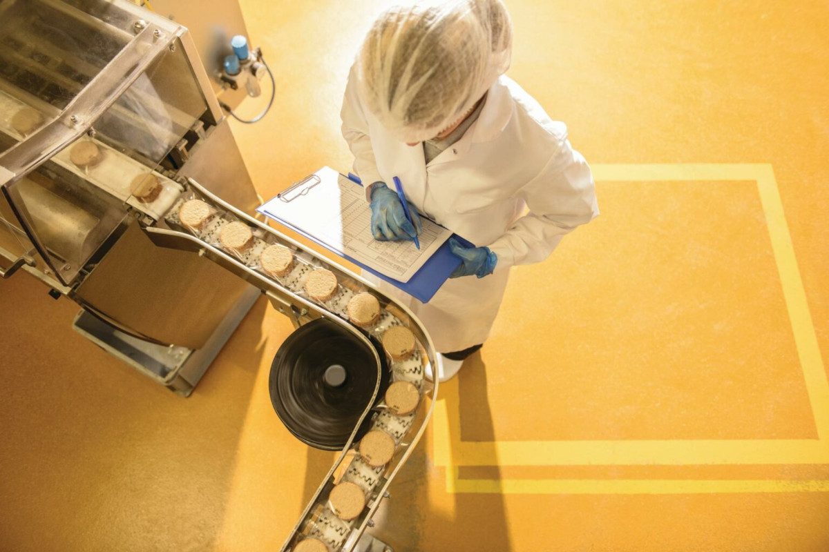 Top down photo of a person with a clipboard inspecting biscuits in a factory setting